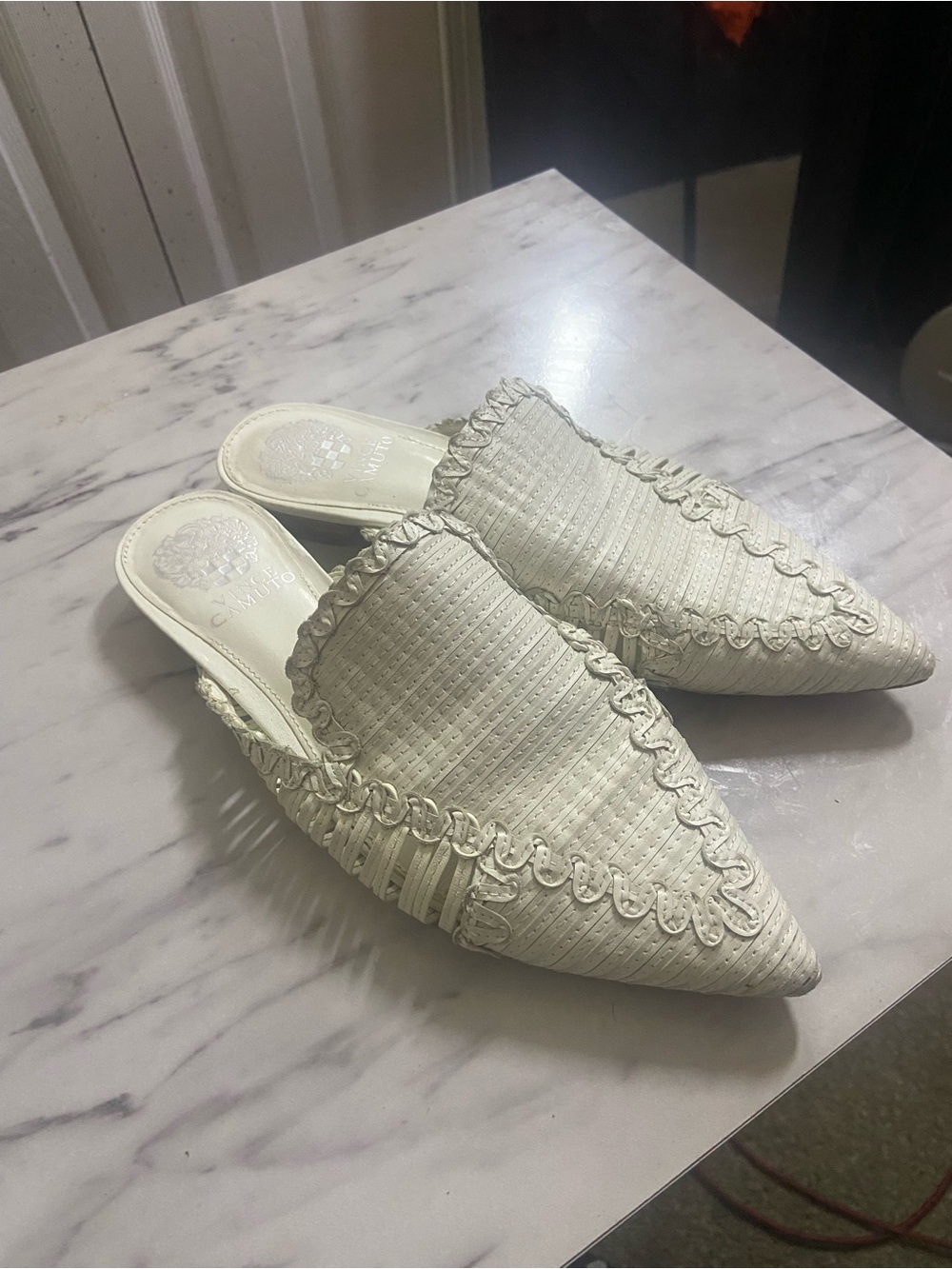 Vince Camuto Cream Woven Pointed-Toe Mules